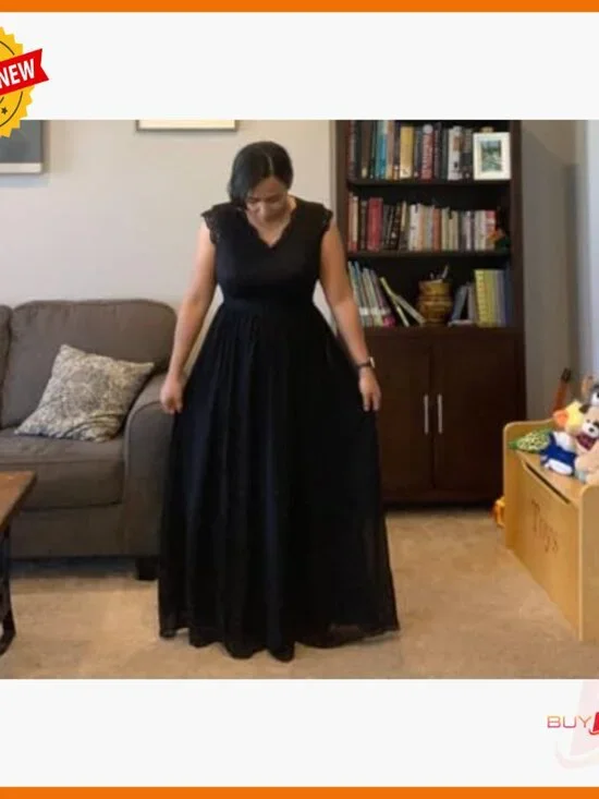 V-Neck Sleeveless Lace Formal Gown, Zipper Back, Chiffon Skirt - Picture 3 of 6